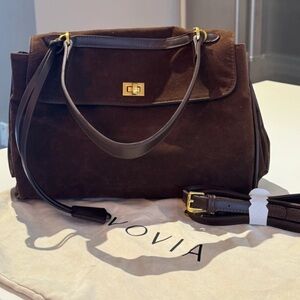 Vovia Dark Brown Suede Satchel with Gold Hardware